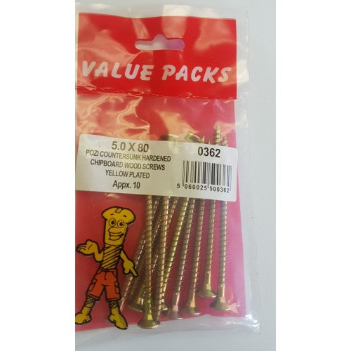 5.0 X 80 Pozi Csk Chipboard Screws Yellow 10 Per Pack 5.0 X 80 Pozi Csk Chipboard Screws Yellow 10 Per Pack
